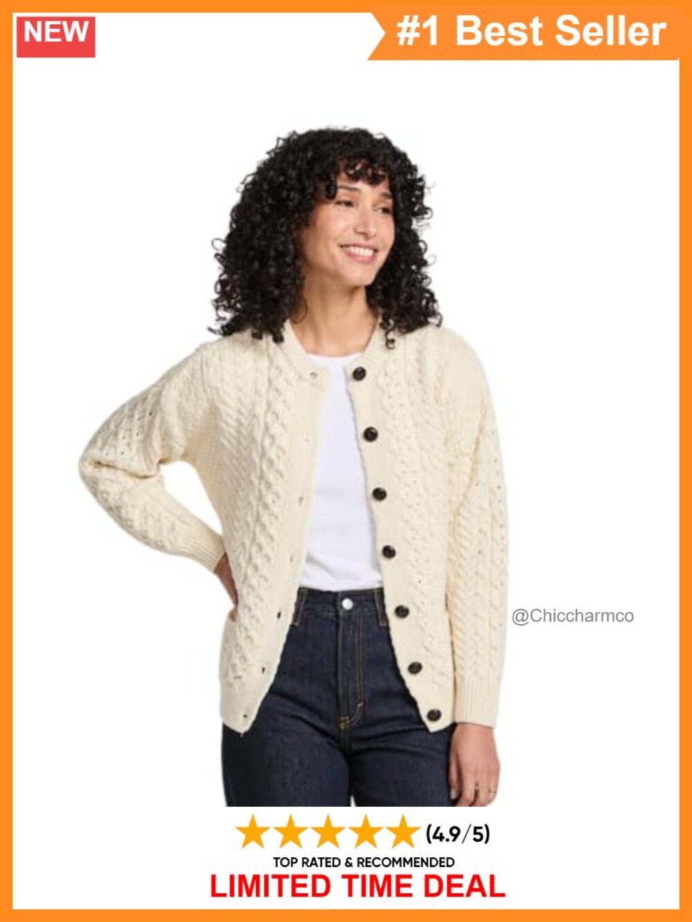Merino Wool Cable Knit Cardigan Button Pockets Made in Ireland